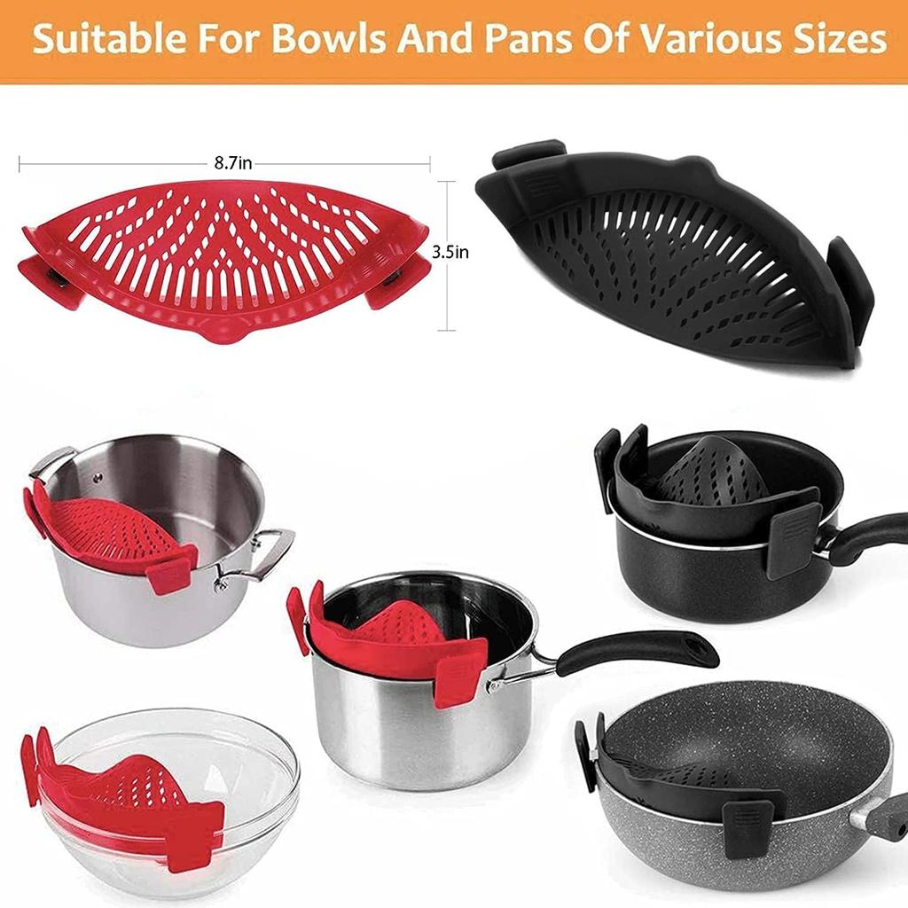 2 Pcs Silicone Clip on Strainer for Pasta Meat Vegetables Fruit, - Fit All Pots and Bowls.