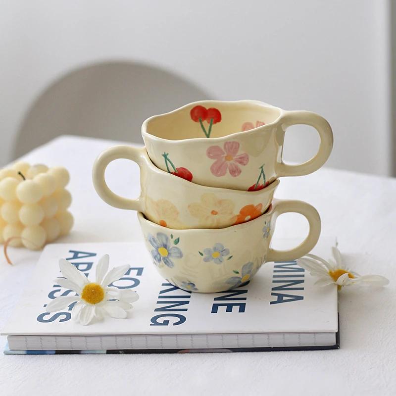 Creative Hand Pinched Irregular Flower Coffee Mugs with Handle Korean Style Ceramic Mug Breakfast Oatmeal Milk Tea Cup Drinkware