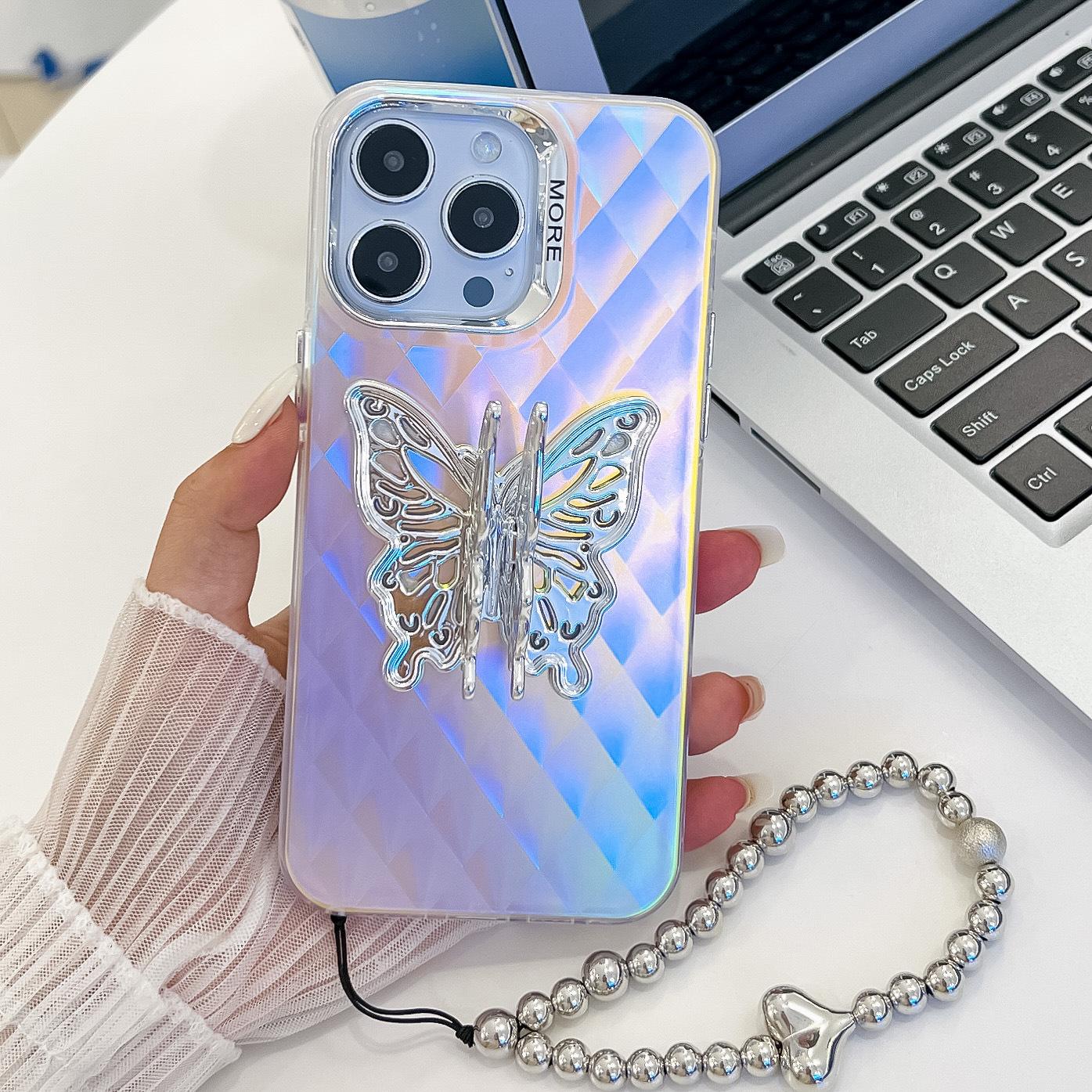 

For Apple 16E Three-dimensional Butterfly Stand Electroplated Laser for IPhone15promax Bracelet Mobile Phone Case For iPhone16Promax