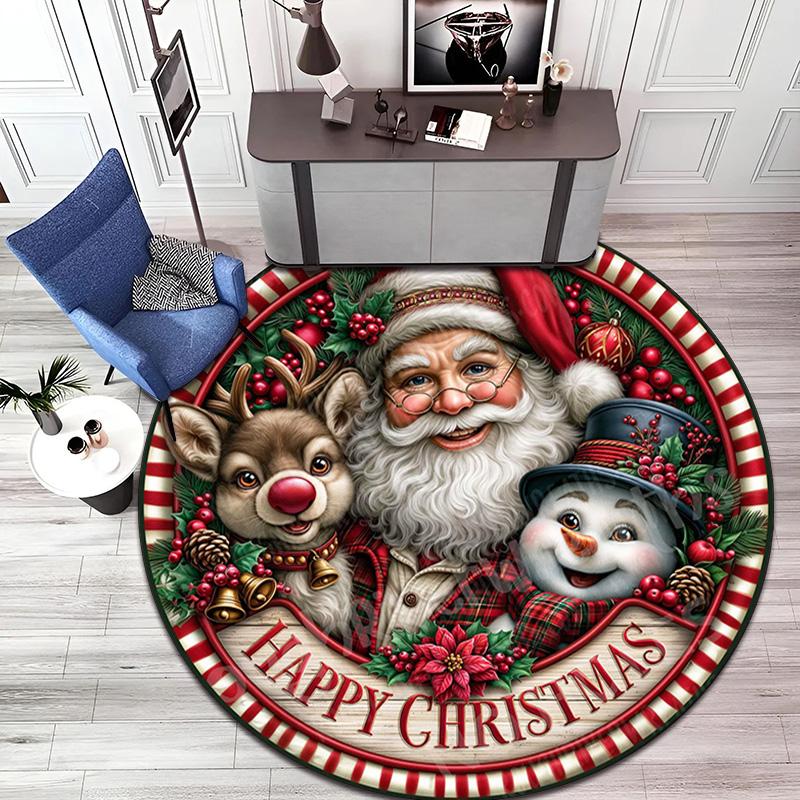 Cute Christmas Day Gift Bell Santa Claus Snowman Christmas Tree round rug Home Soft Decorative Anti slip Chair Mat Carpet Outdoor Floor Mat Carpet 52