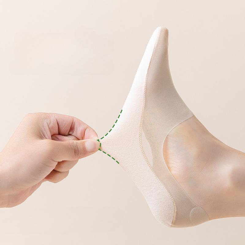 5 Pairs Women's Summer Thin Ice Silk Mesh Socks Cotton Base Solid Color Invisible Sweat Absorbent Non-slip No Heel Drop