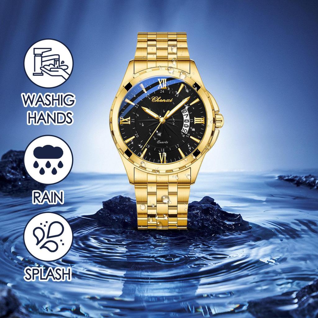 Watch Men Stainless Steel Calendar Gold 3ATM Water Resistant Luminous Analog Display Simple Fashion Quartz Watch Men Fashion Accessory - Birthday