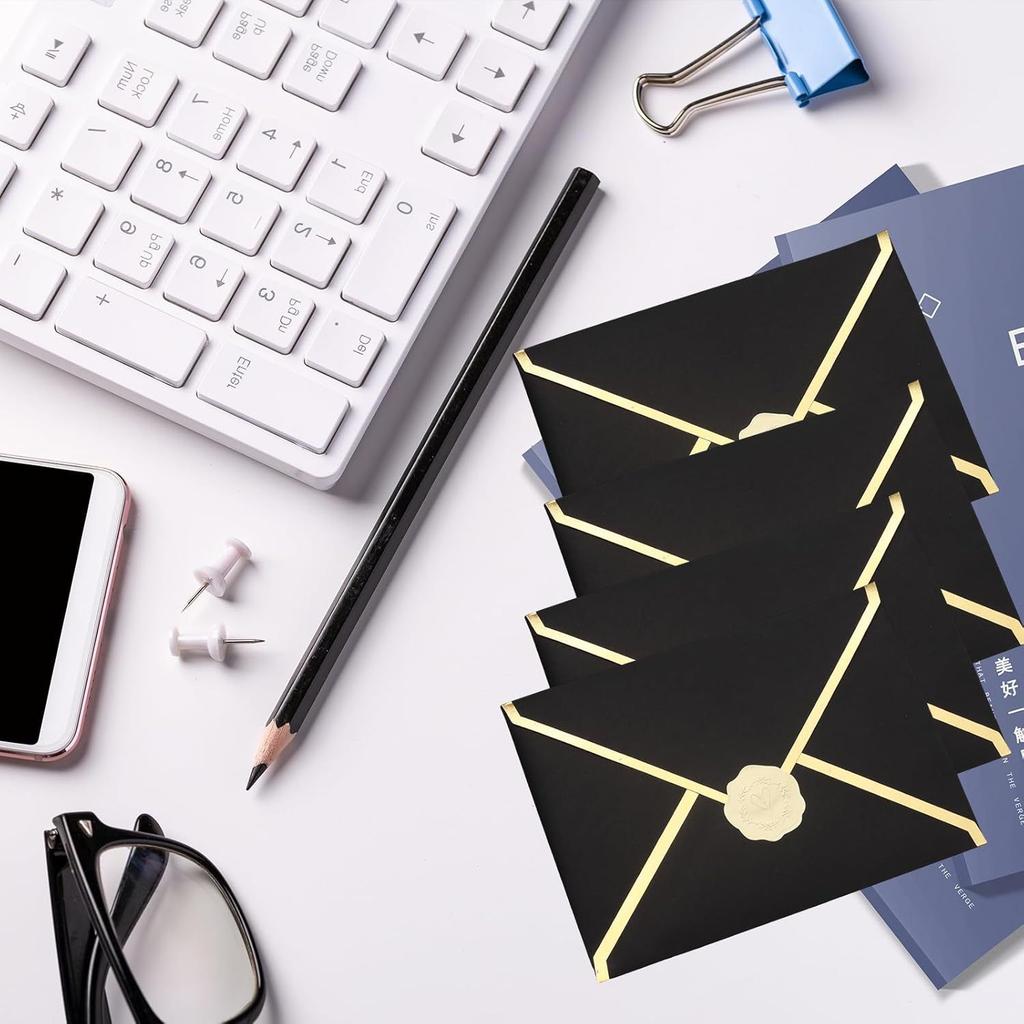 10Pcs A7 Black Envelopes with 10Pcs Golden Stickers for Wedding Birthday Party Invitation Paper Envelopes