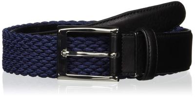 [Leather Goods MORIYA] Men's Elastic Mesh Belt with Leather Trim, Navy, Made In Japan, Fits Up To 95cm Waist (FREE Size)