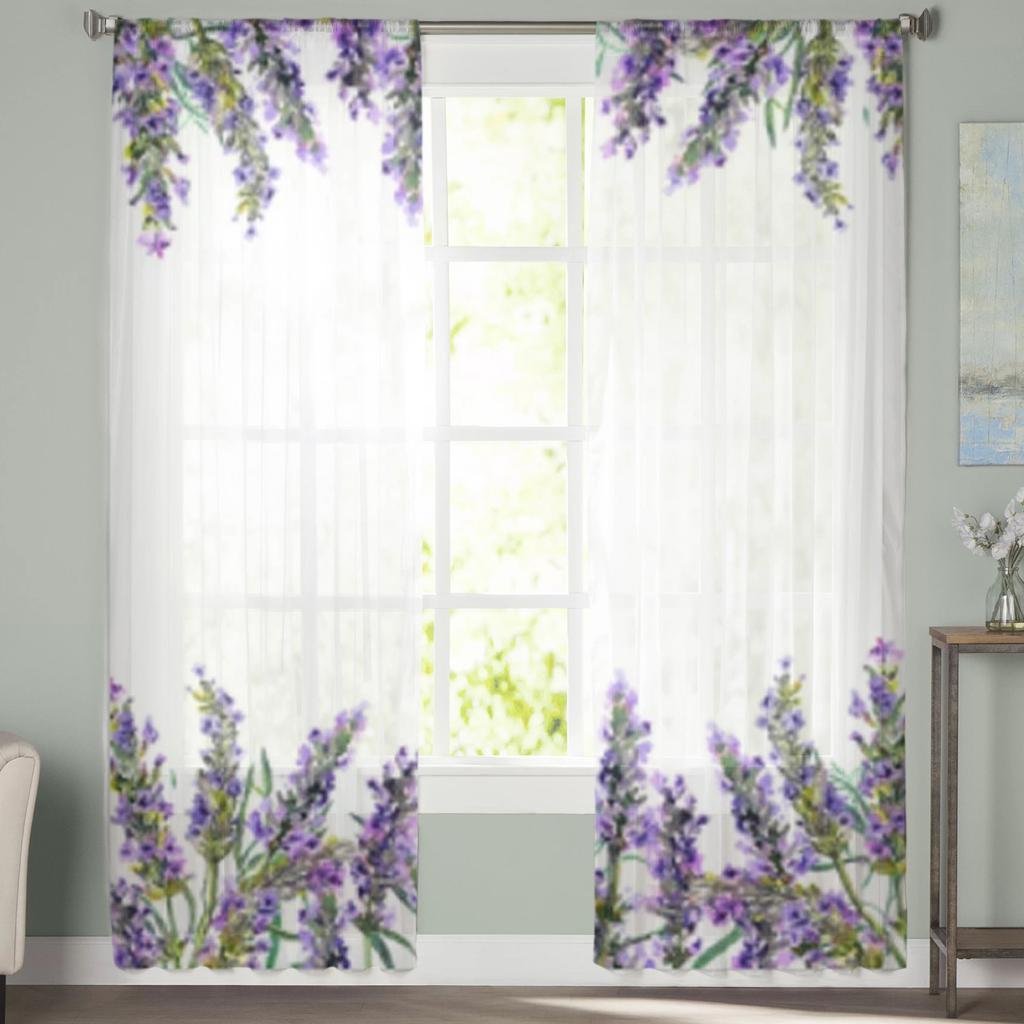 Watercolor Bouquet Of Lavender Tulle Curtains For Living Room Decoration Modern Veil Chiffon Curtains Bedroom Sheer Voile