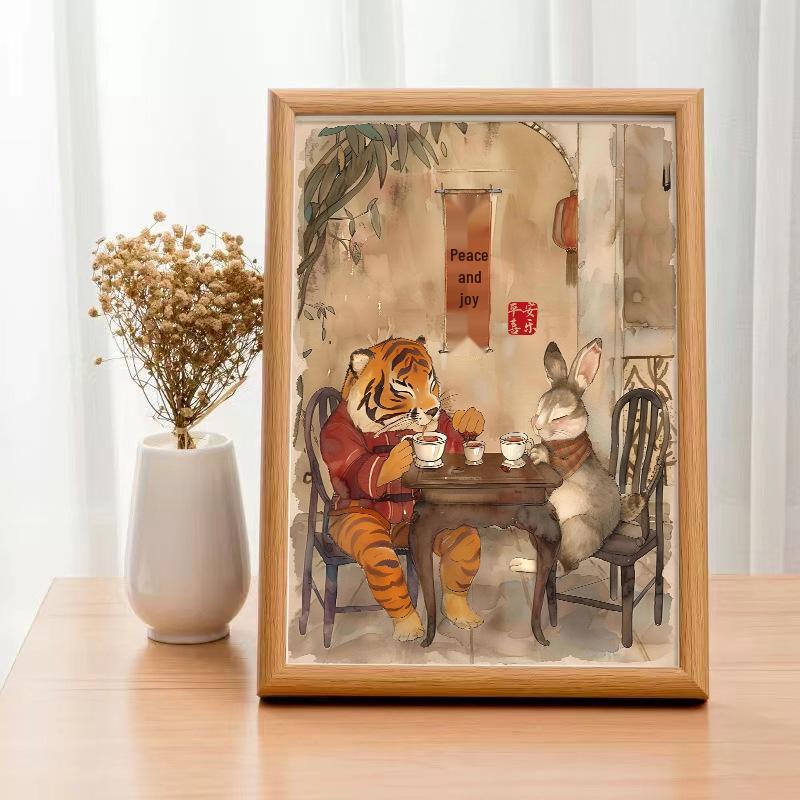 

Мир и Радость Каллиграфическая Фреска: Милая настольная и подвесная фигурка Тигра и Кролика 6 inch real glass picture frame [12*17cm]