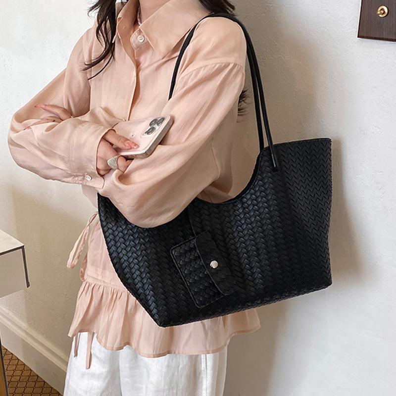 Vintage Woven Leather Tote Bag With Matching Pouch Large Capacity Shoulder Bag For Work Daily Commute Retro Casual Underarm Bag