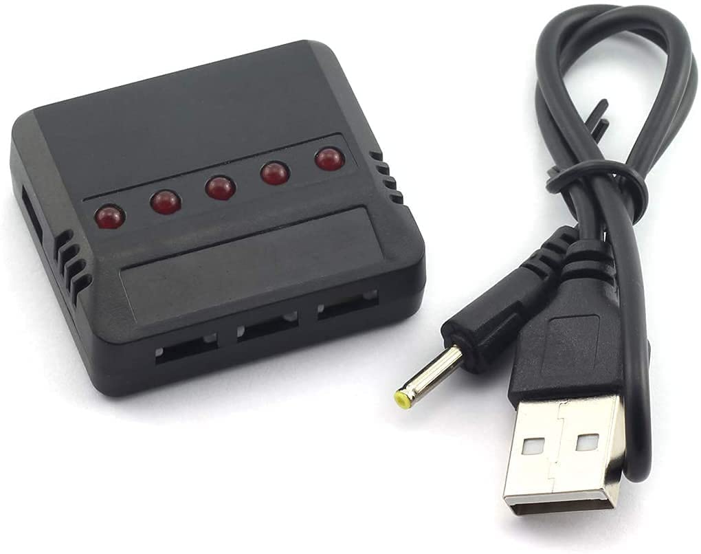 Caricabatterie USB Universale 5-in-1 per Batterie al Litio | Per Hubsan H107D, Syma X5C, Elicottero RC, Quadricottero | Protezione da Sovraccarico, Nero, Plastica