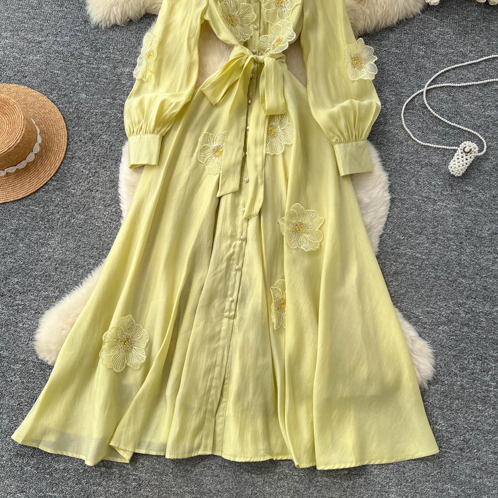 Chic Vintage Three-dimensional Single Breasted Slim Elegant Fairy Korean Fashion Boho Women Clothing Long Dress