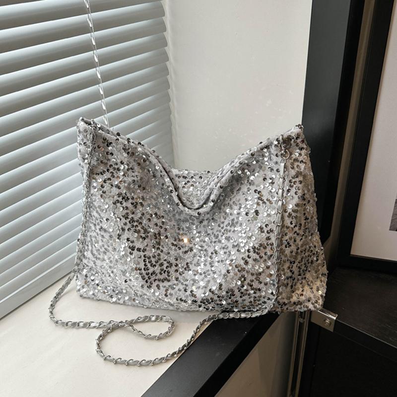 Large Capacity Shoulder Bag for Women Sequin Shine Handbag Slouchy Solid Color Crossbody Bag Trendy Underarm Bag for Work Travel Shopping CLE