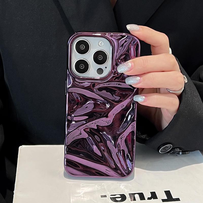 Plating Purple Meteorite Fold Texture Glossy Case For iPhone 16 Pro Max 17 Air 15 13 12 11 14 Plus Soft Shockproof Phone Cover