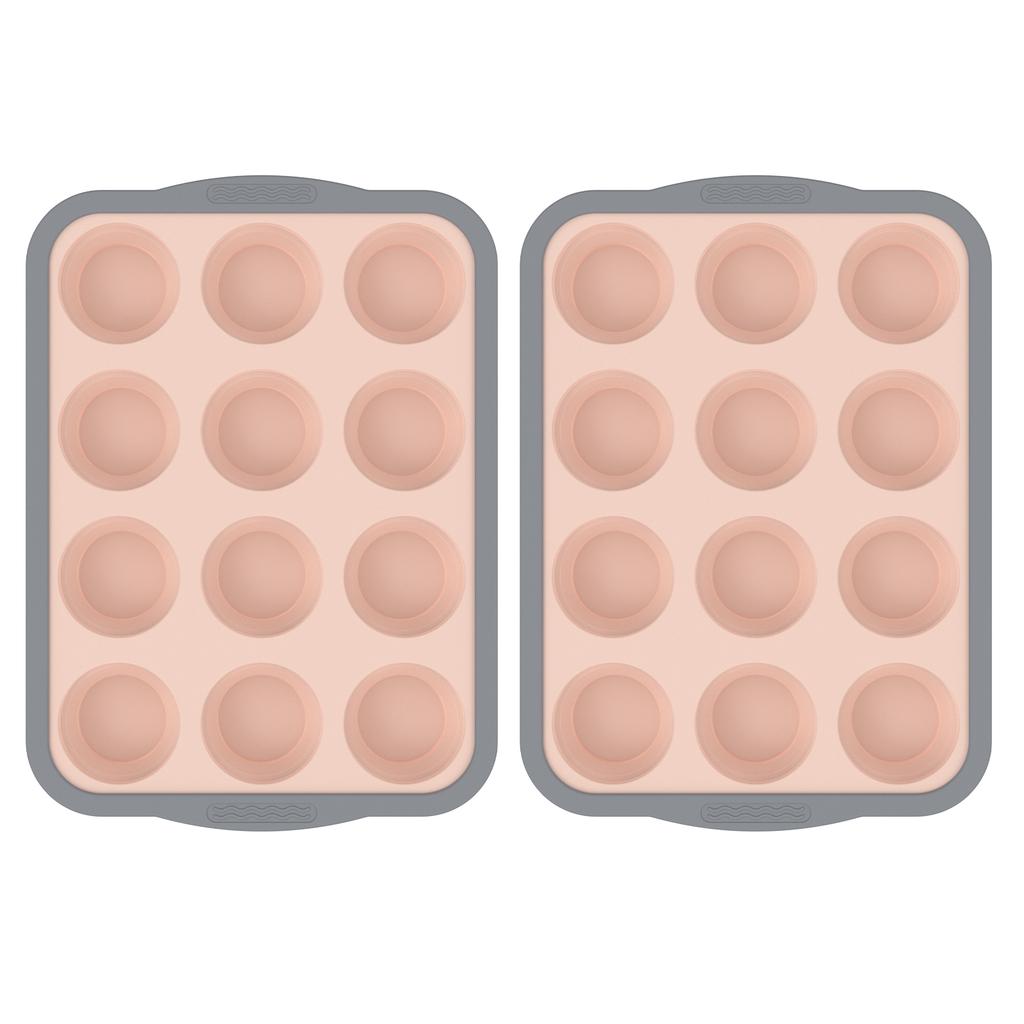 2 Pcs Silicone Pancake Baking Tray Molds with Metal Frame 6/12 Cup Non Stick Foldable Cupcake Baking Tray