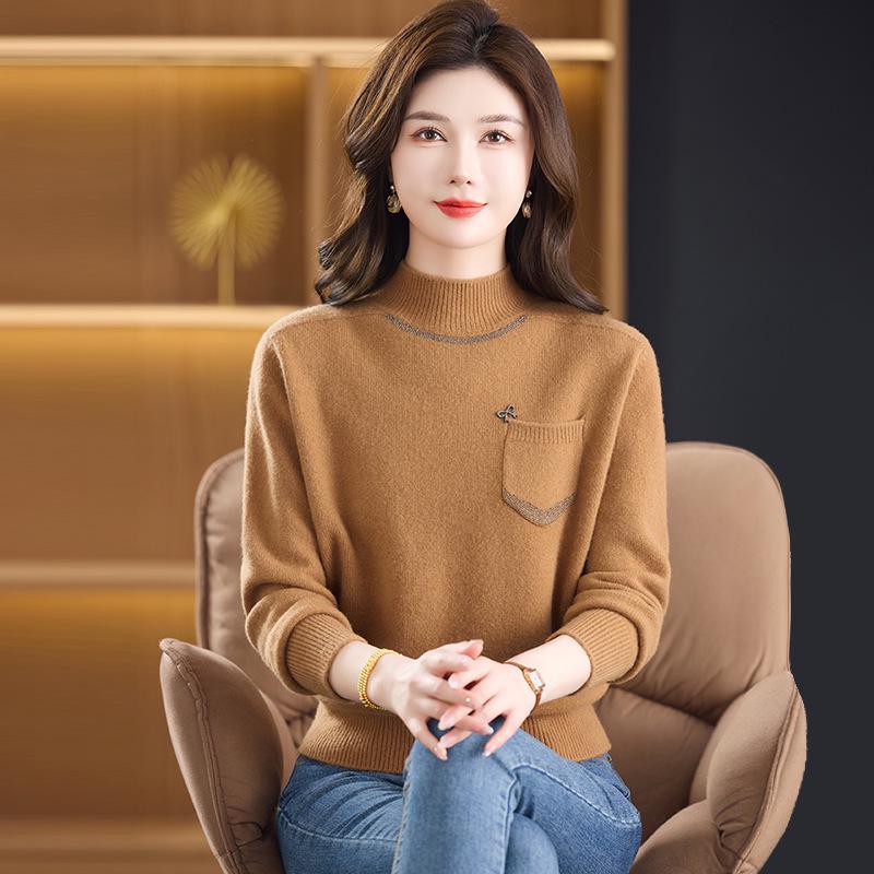 100% reine Schurwolle Damen Pullover mit halbem Stehkragen - Warme Strick-Basisschicht für mittlere und ältere Menschen