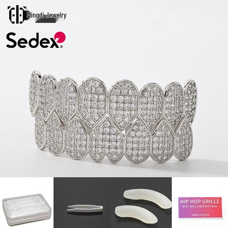 Grillz din Cupru Placat cu Aur Real de 14K și Zirconiu – Halloween Hip Hop Exagerat Rap Bijuterii pentru Dinți cu Diamante