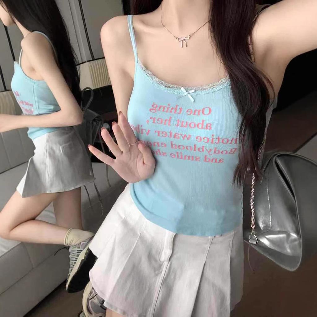 #Vest Small Suspender Women's Niche Print Casual Sweet and Spicy Bottoming Shirt Bow Lace Edge Pure Desire Top
