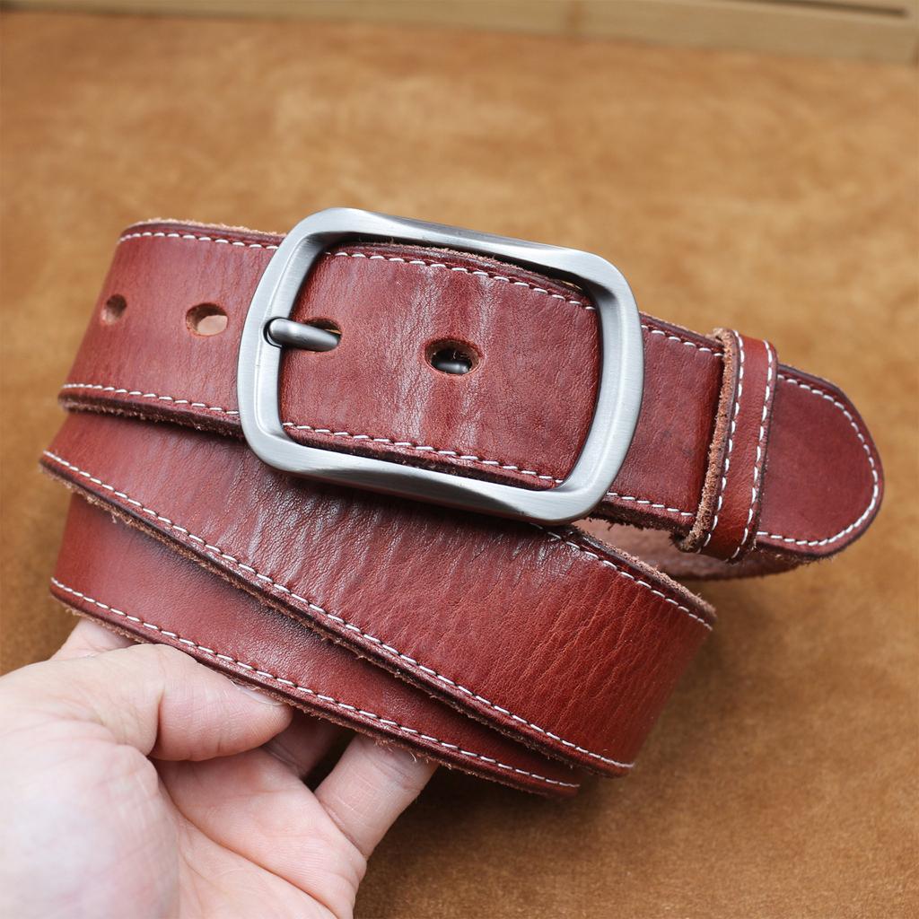 Top Layer of Tree Cream Bark Cowhide Belt Retro Vegetable Tanned Pure Cowhide Pin Buckle Men's Genuine Leather Belt