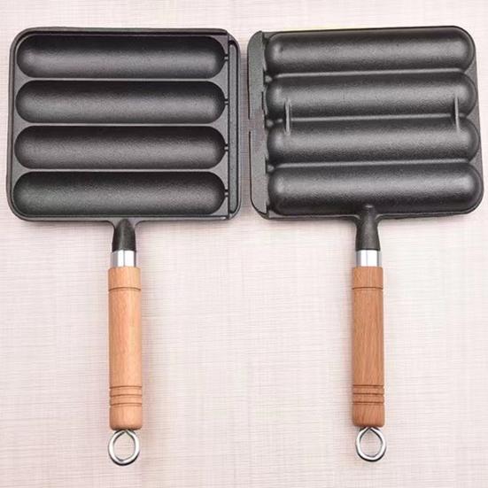 Železná pánev na uzeniny s dřevěnou rukojetí proti opaření Nepřilnavý Kuchyně na grilovanou klobásu