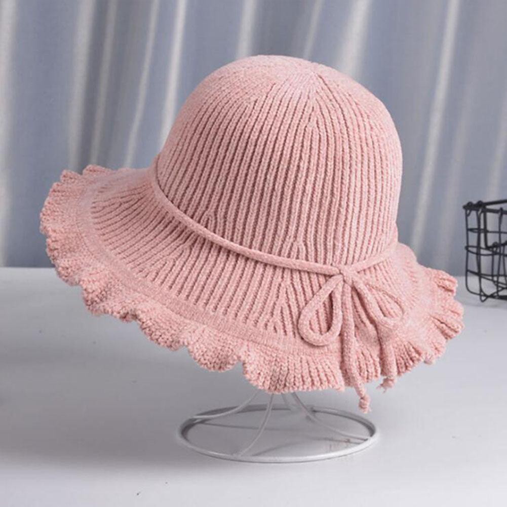 Lady Autumn Winter Chenille Fisherman Hat Solid Color Bowknot Wild Pleated Sunshade Retro Hat