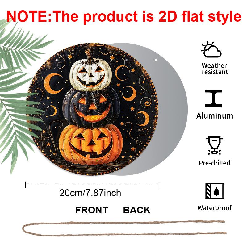 2D Flat, 1pc Round Aluminum Hanging Sign, Halloween Wall Decor-Retro Pumpkin Magic Night Metal Art with Glowing Pumpkin Lanterns, Bats And