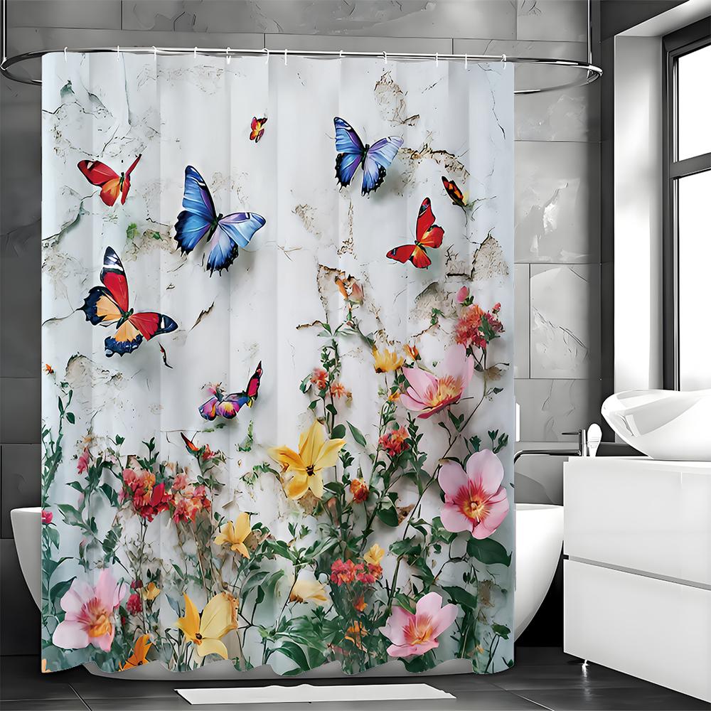 Butterfly Flower Botanical Shower Curtain, Bathroom Decorative Shower Curtain, Waterproof Shower Curtain with Hooks