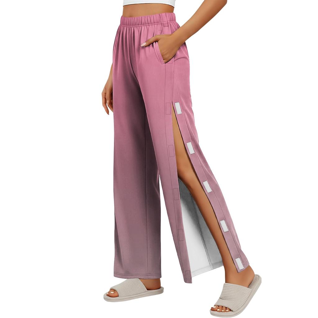 Women Gradient Side Hook and Loop Closure Easy Open Post Surgery Recovery Care Long Pants Elastic Waistband Lightweight Fabric