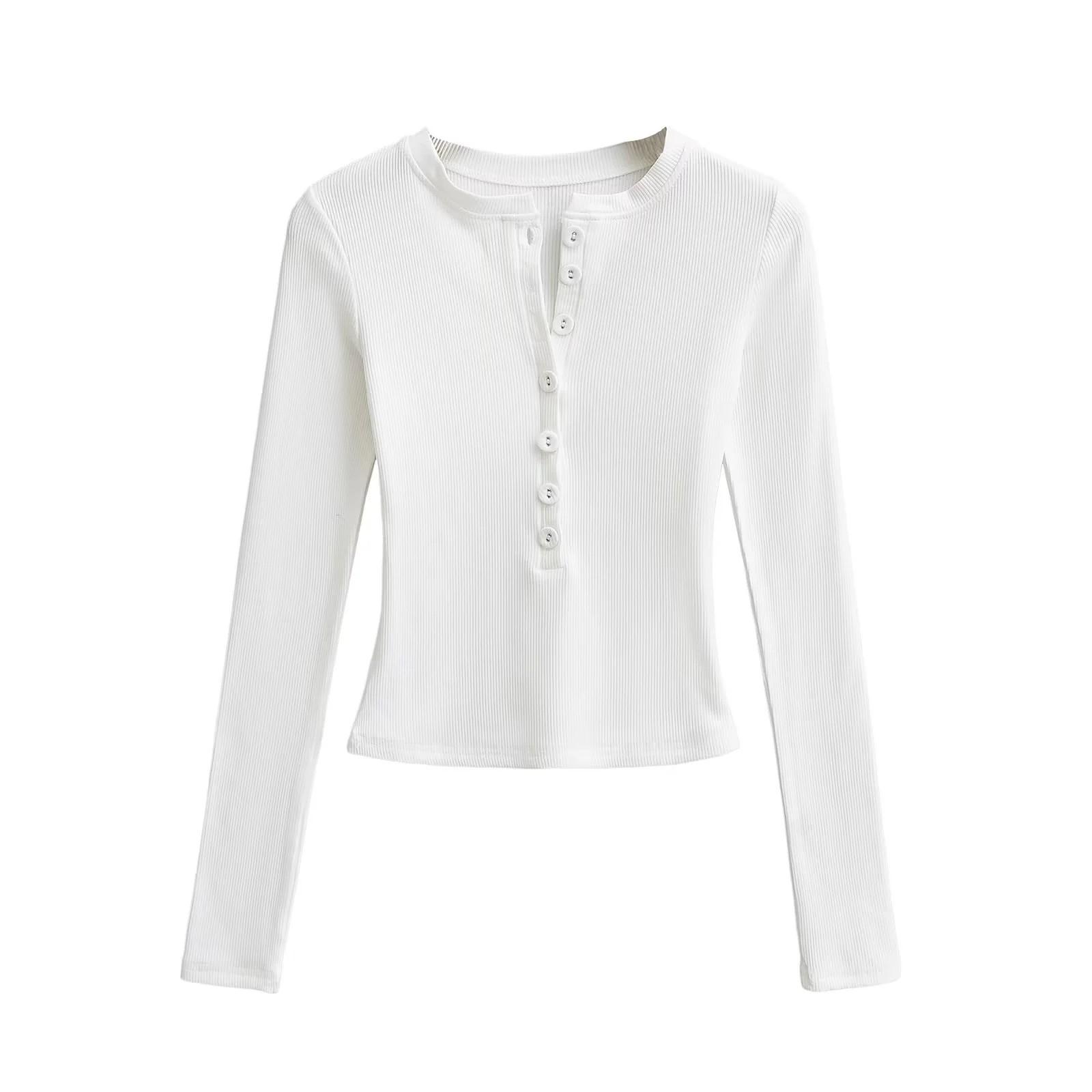 

Американский ретро приталенный двухбортный трикотажный топ с длинным рукавом M белый