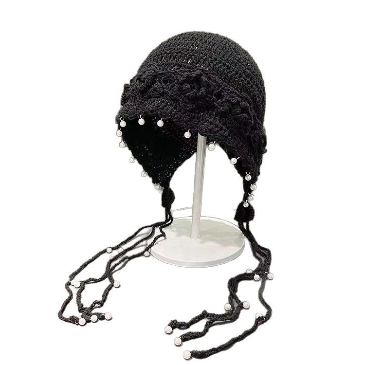 New simple hand-woven three-dimensional flower hat for women with a small face, imitation pearl tassel wool headhat, thin