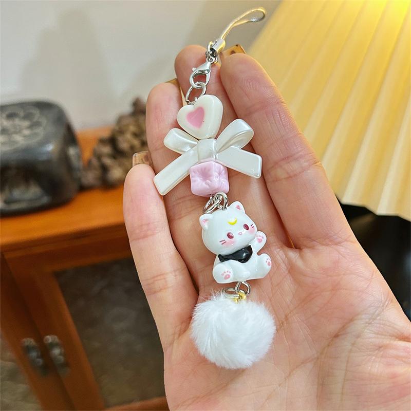 Y2K Cartoon Cat Plush Ball Beaded Mobile Phone Chain Cute Sweet Bow Kitten Phone Lanyard Keychain For Girls Camera Pendant