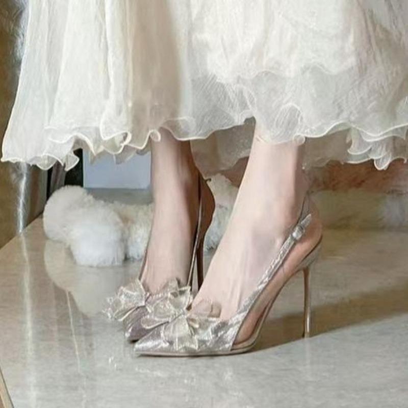 Mode Été Baotong Sandales Femmes Mode Pointu Bouche Peu Profonde Paillettes Nœud Papillon Ensemble Pied Antidérapant Résistant à l'Usure Talons Hauts