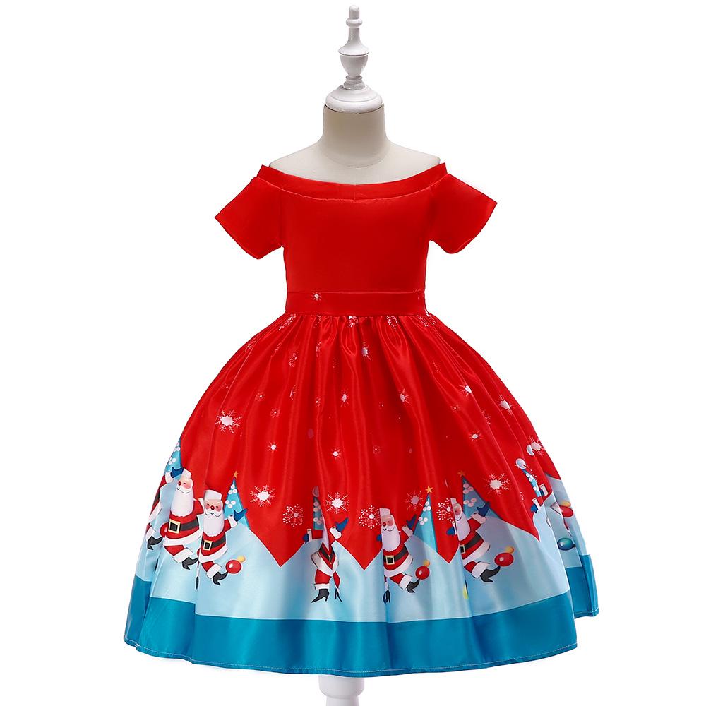 Christmas Children'S Dress Cartoon Printed Satin Cloth Performance Christmas Dance Performance Dress