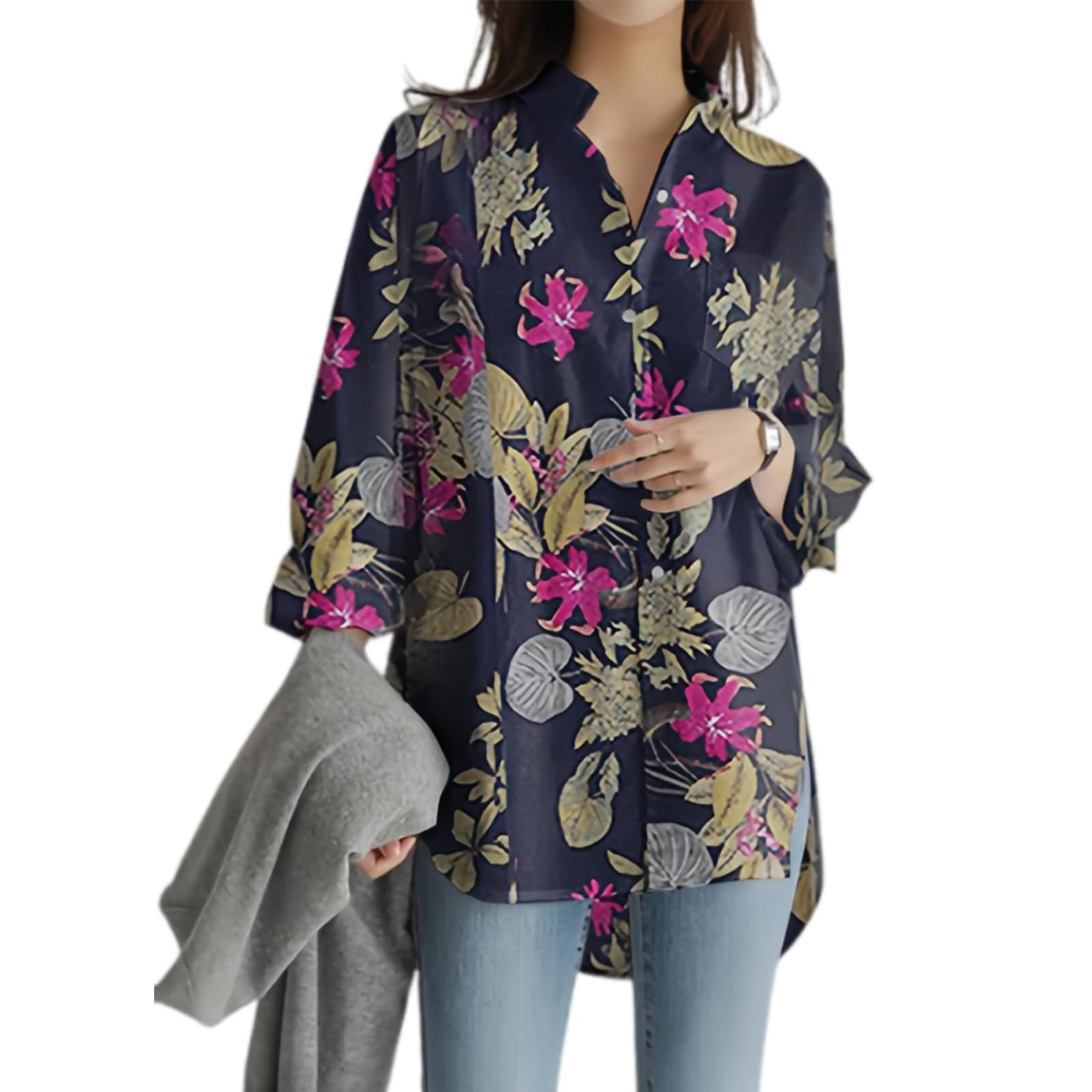 

Floral Long Loose Plus Cooling Autumn [Leadamon-oee] Women s Cotton-Linen Blouse, Print, Sleeve, Open-Front, Collared, Slit, Fit, Sizes, Protection,