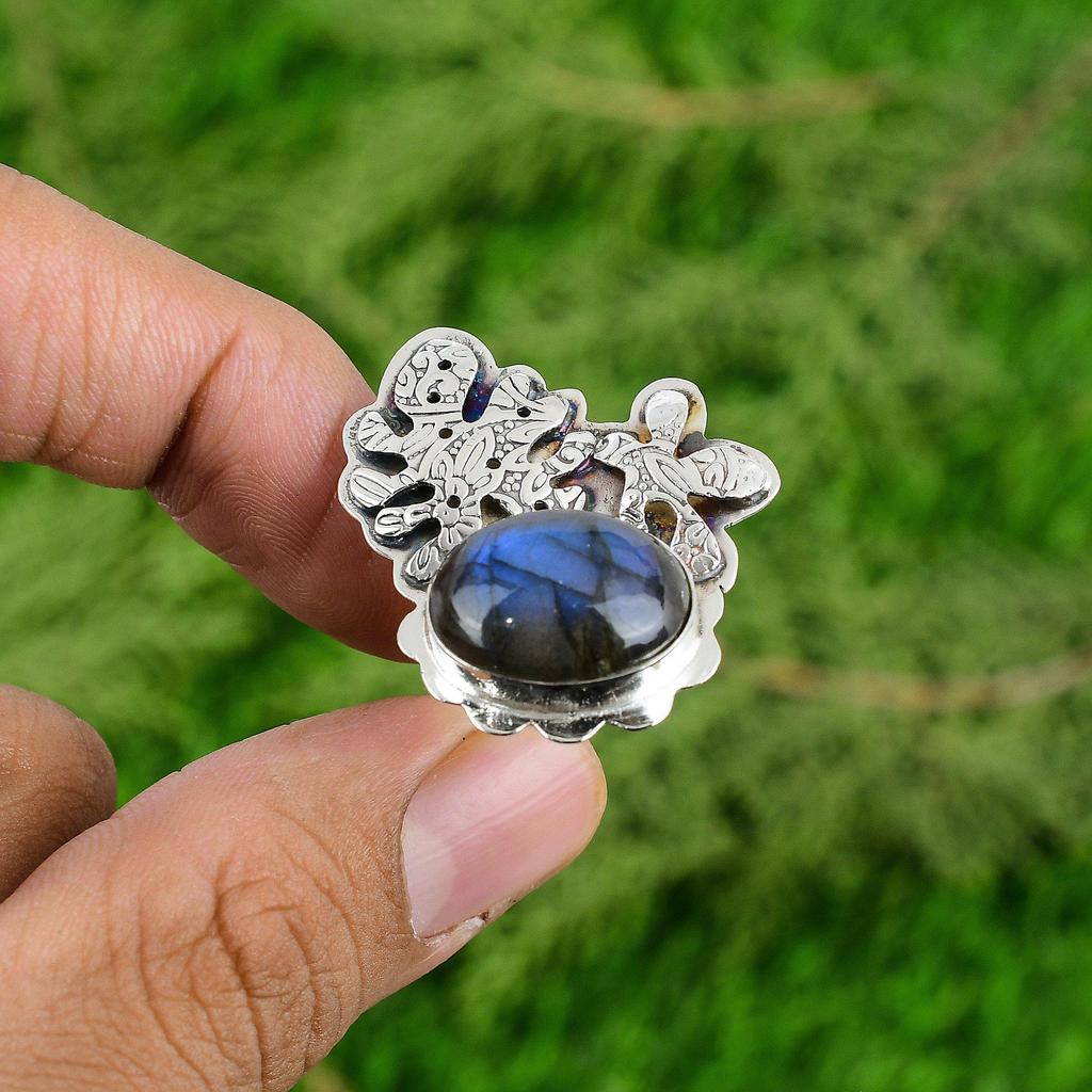 Mothers day Deal 925 Silver Labradorite Stone Daughter Solitaire Ring Jewelry