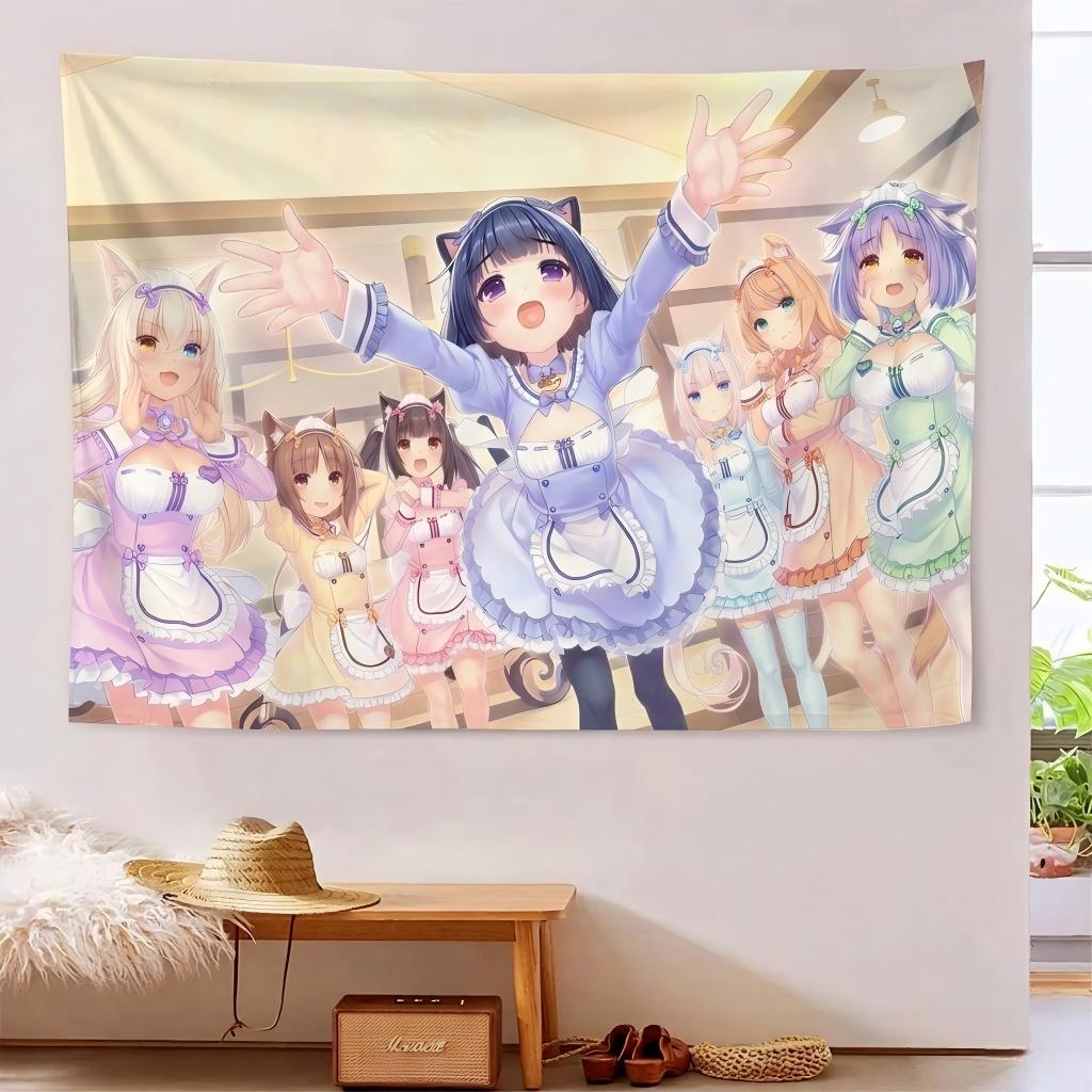 1pc N-Nekopara Full Cat Maid Tapestry Cafe Scene Wall Hanging Pastel Kawaii Decor for Otaku Anime Fans Bedroom Dorm Gift