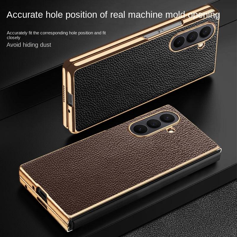 Luxury Business Sle Lichee Leather Skin Feel Phone Case for Samsung Galaxy Z Fold 7 Plating Shockproof Protect Back Cover