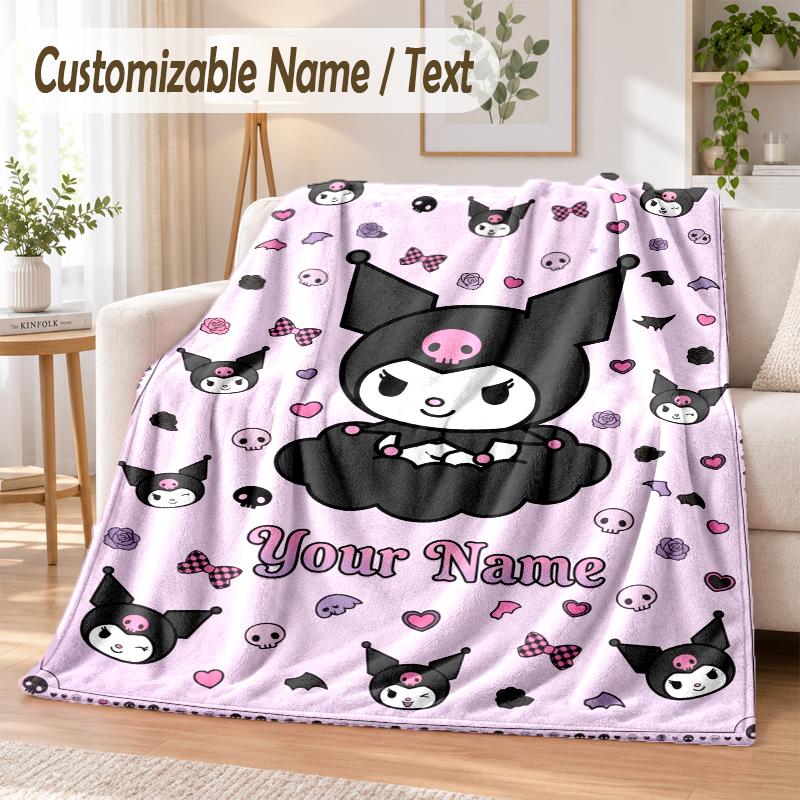 Kuromi Custom Name Flannel Throw Blanket Soft Warm for Sofa Bed Indoor Home Use