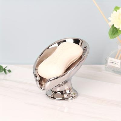 Elegant Golden and Silver Leaf Ceramic Soap Dish , Oval Self Draining Design for Bathroom Organization, Leaf-Shaped Storage Rack with Textured Surface