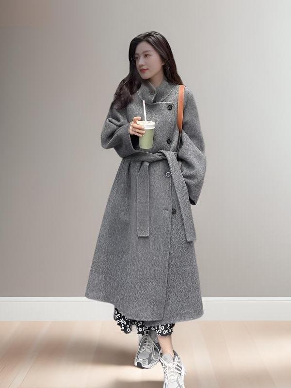 Dámský kašmírový vlněný kabát oboustranný ve stylu korejského stojáčku, jednořadé zapínání, luxusní pro podzim/zimu 2025