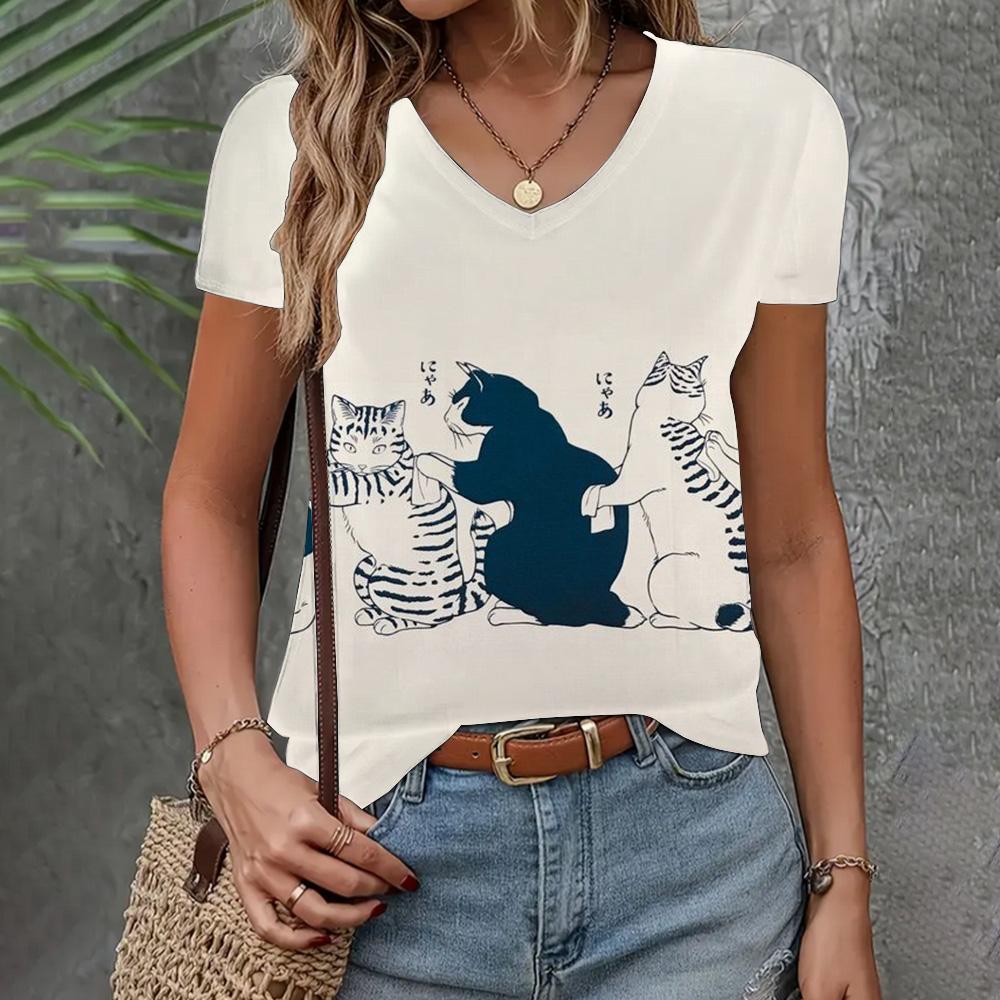 Women's Clothing T-shirt New V-neck Short Sleeve Cat Pattern Fashion Top Summer Loose And Breathable Clothing Women's T-shirt