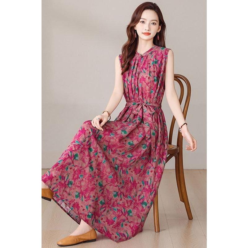 Elegant Floral Print Plus Size Dress for Middle Aged Women Summer Cotton Long Dress