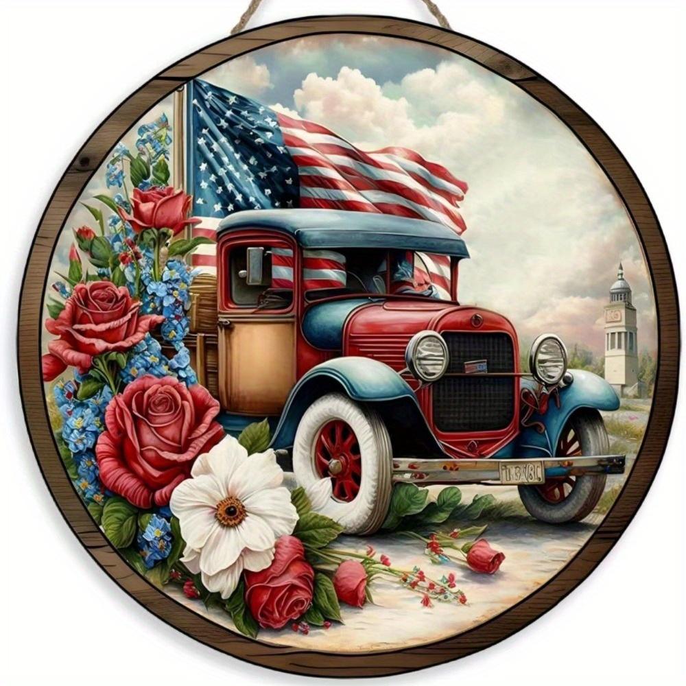 1pc 2d Flat Retro Round Wooden Sign Flower Market Flower Truck, Novel and Interesting Garage Bar Kitchen Home Family Friend Gift Wooden Sign- 20cm