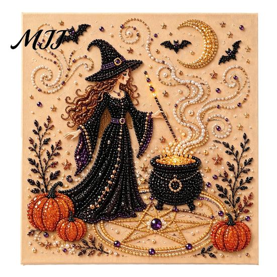 Zestaw Artystyczny z Sztucznymi Perłami Halloweenowy Zestaw DIY, Zestaw do Haftu 3D Koralikami, Upiorny Projekt Relaksujący Stres Duch Koza Wiedźma Sztuka Ścienna, Sezonowa Dekoracja Domu