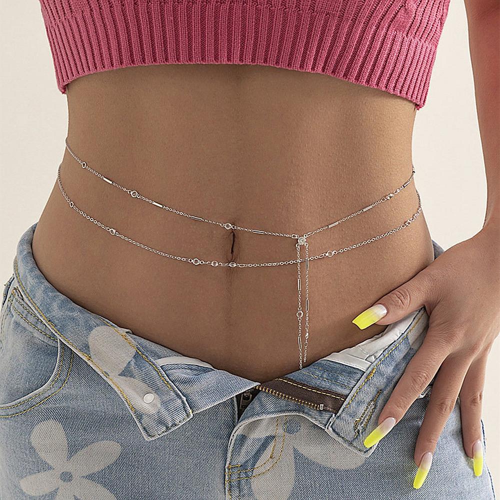 BEPAN Hip Hop Fashion Metal Double Layer Chain Sexy Pants Chain Body Chain Imitation Crystal Fashion Sexy Adjustable Waist Chain