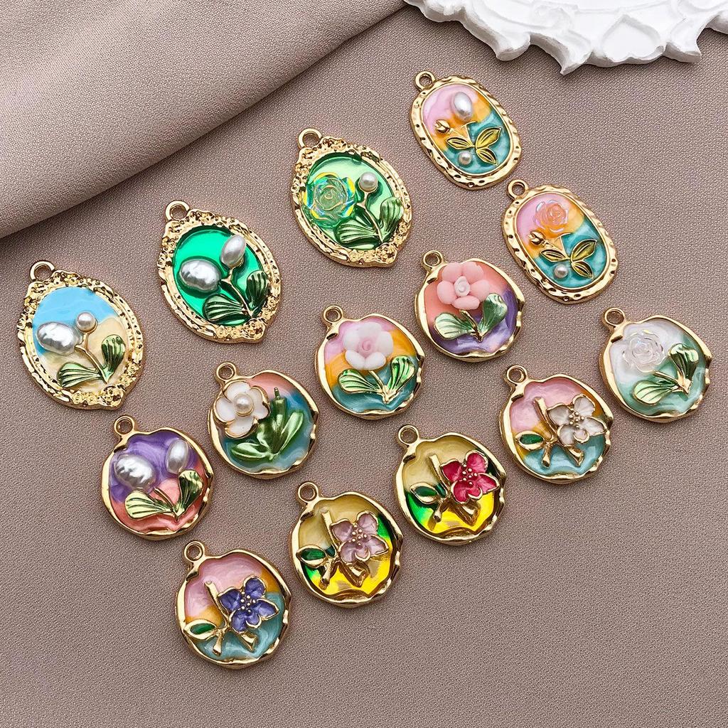 French Retro Luxury Enamel Earrings & Necklace Set: Monet's Garden Oil Painting Flower Design