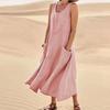 Summer Women Loose Long Sleeveless Round Neck Plain Pocket Dress Cotton Linen
