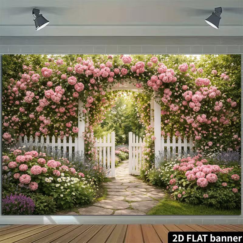 2D Cottage Stone Path Pink Flower Greenery Photo Background Cloth
