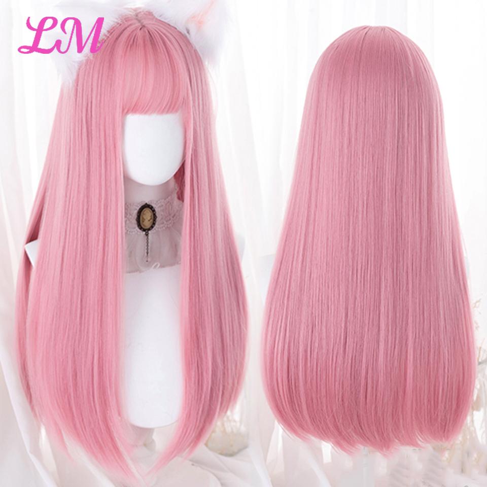 LM Cosplay-Perücke mit Pony, synthetisches glattes Haar, 61 cm lang, hitzebeständig, rosa Perücke für Frauen