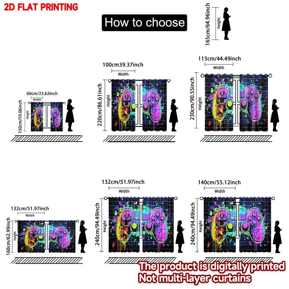 Set Of 2 Gaming Controller Curtains Print Colorful Pink Purple Gamepad Splatter Effect Black Grid Gamer Room Decor Made Polyester