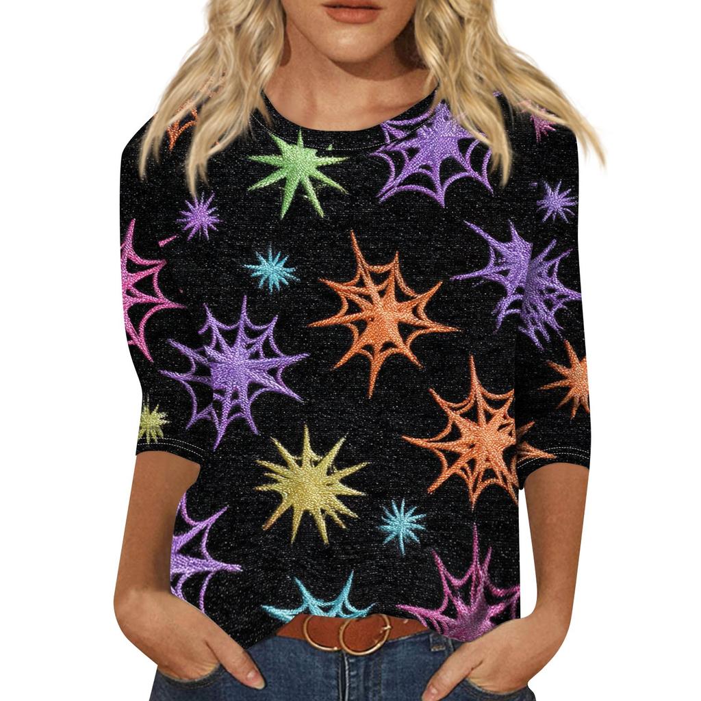 Women's Casual Halloween Print Round Neck Three Quarter Sleeve T Shirt Top Lightweight Comfortable Fit for Seasonal Wear