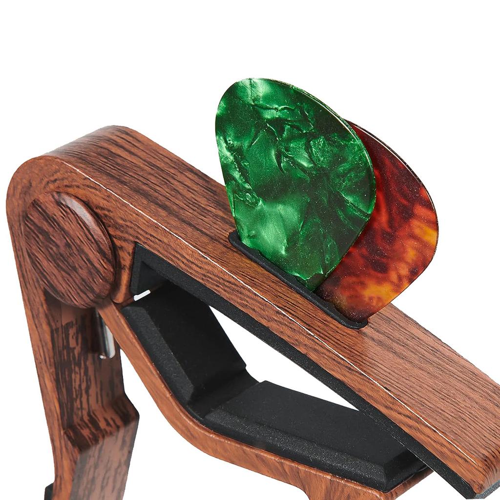 2 Acoustic/electric Guitar Capo Aluminum Alloy Wood Grain Capo + 5 Picks with Pick Slot