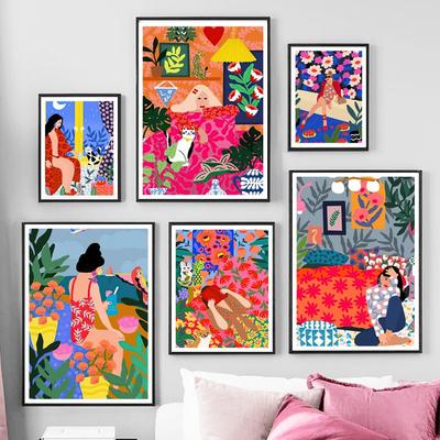 Poster Retro Nordico Boho Astratto Colorato Ragazza Fiore Foglia Animale Stampa Wall Art Pittura su Tela Decor Immagini Per Soggiorno